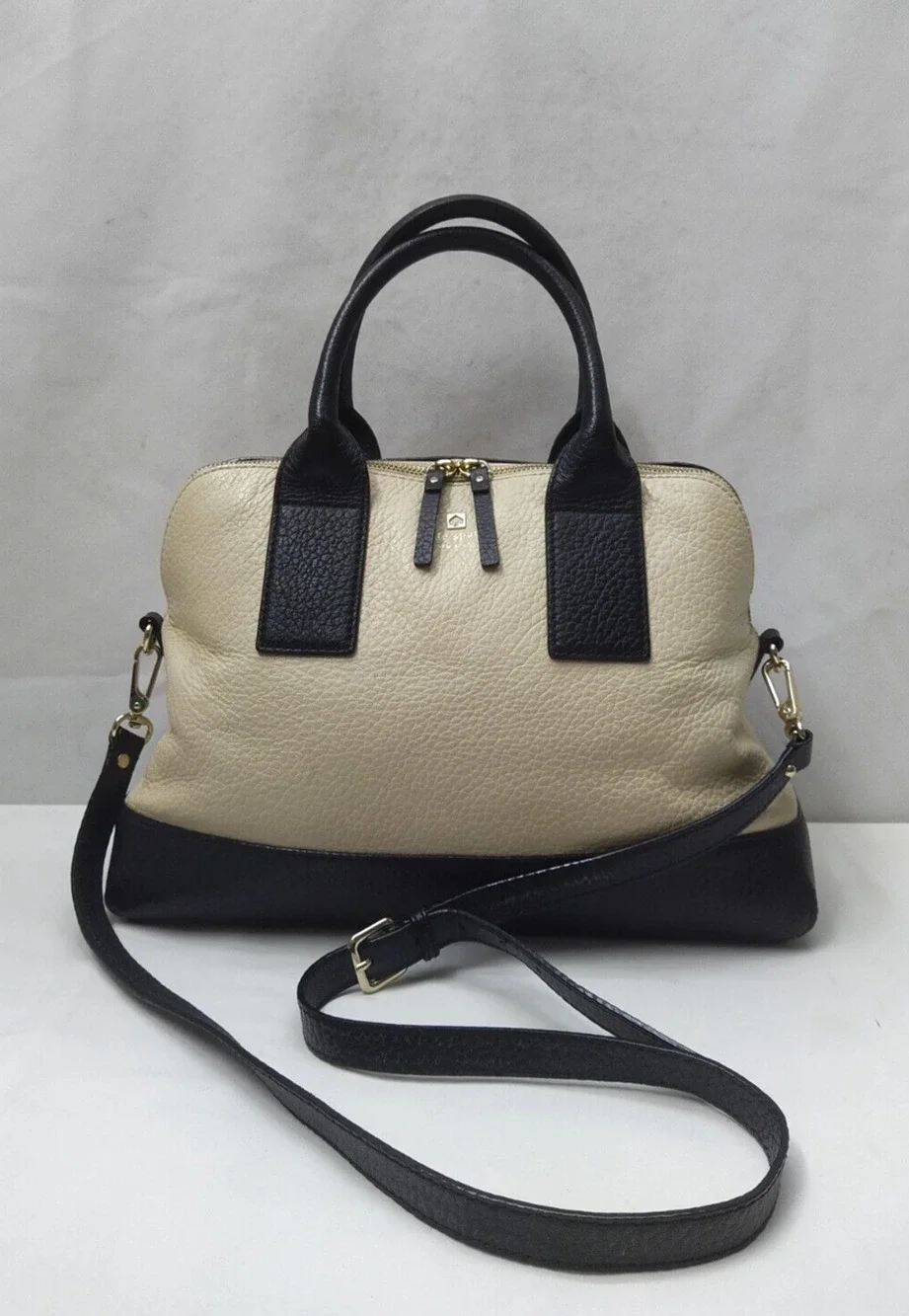Kate Spade New York Colorblock Ivory Black Pebbled Leather Zipper Satchel Bag